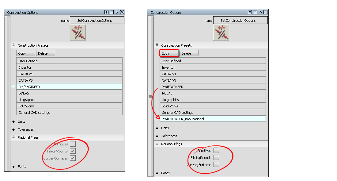 How to remove the Rational flag from a Contruction Preset