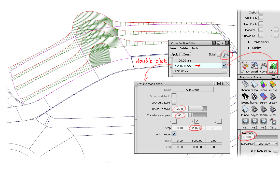 Curvature Comb plots on cross-sections